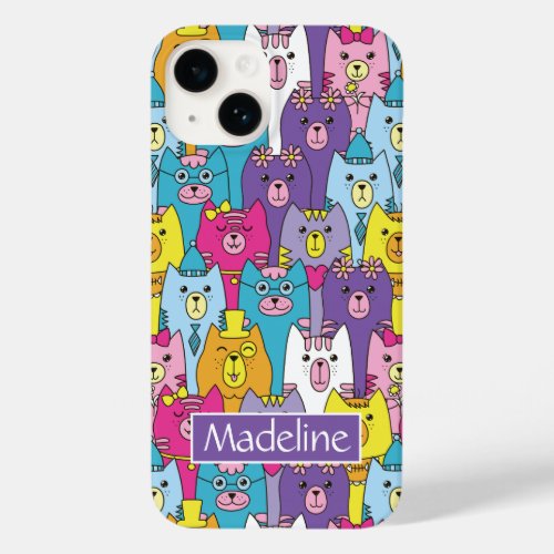 Cute Colorful Cartoon Cats Pattern Add Name Case_Mate iPhone 14 Case