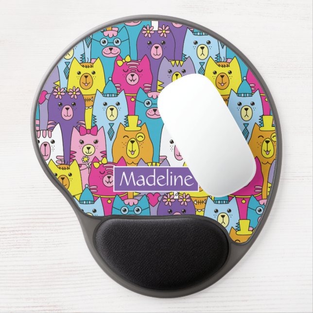 Cute Colorful Cartoon Cats Pattern Add Name Gel Mouse Pad (Left Side)