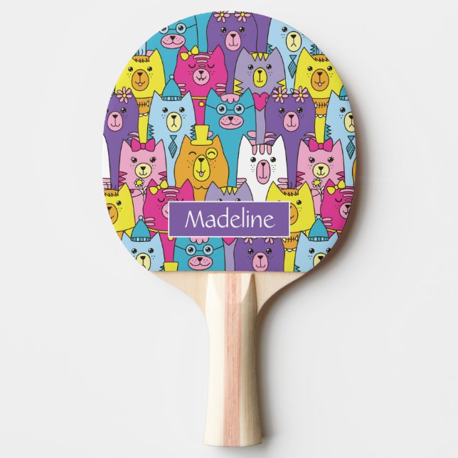 Cute Colorful Cartoon Cats Pattern Add Name Ping Pong Paddle (Front)