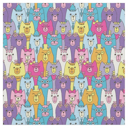 Cute Colorful Cartoon Cats Pattern Fabric