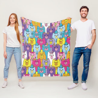 Cute Colorful Cartoon Cats Pattern Fleece Blanket