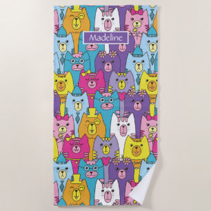 Cute Colorful Cartoon Cats Pattern Personalized Beach Towel