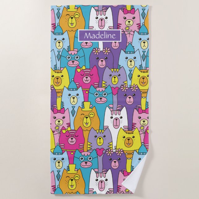 Cute Colorful Cartoon Cats Pattern Personalized Beach Towel (Front)