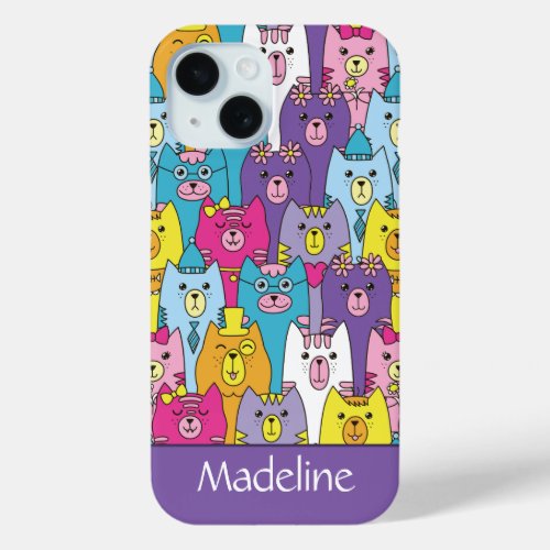 Cute Colorful Cartoon Cats Pattern Personalized iPhone 15 Case