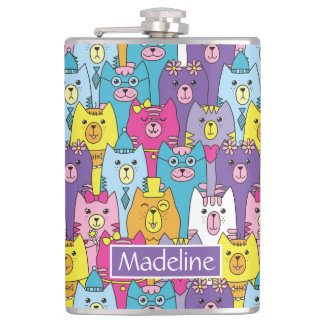 Cute Colorful Cartoon Cats Pattern Personalized Flask
