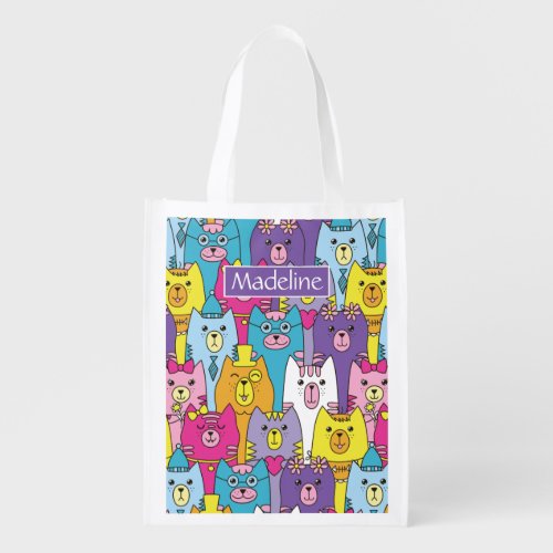 Cute Colorful Cartoon Cats Pattern Personalized Grocery Bag