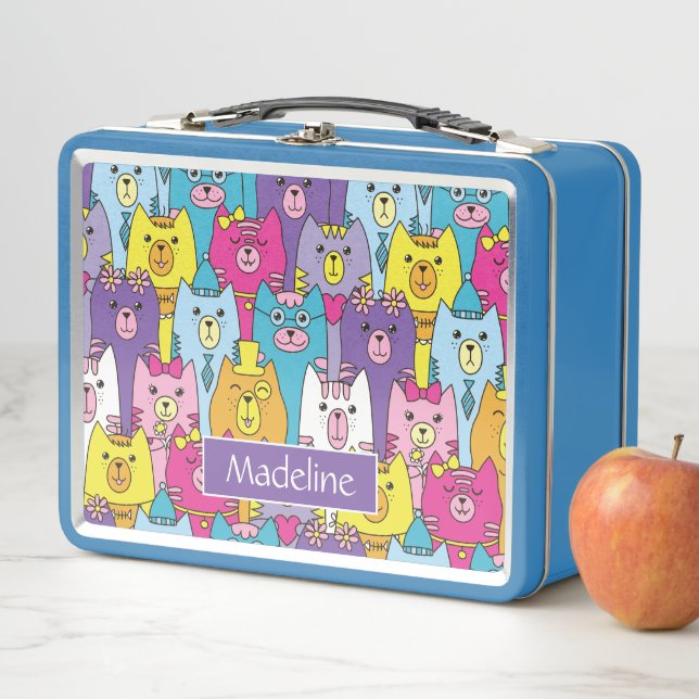Cute Colorful Cartoon Cats Pattern Personalized Metal Lunch Box (In Situ)