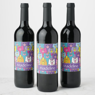 Cute Colorful Cartoon Cats Pattern Personalized Wine Label
