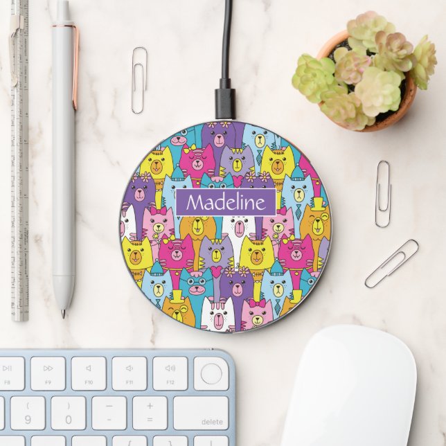 Cute Colorful Cartoon Cats Pattern Personalized Wireless Charger (Desk)
