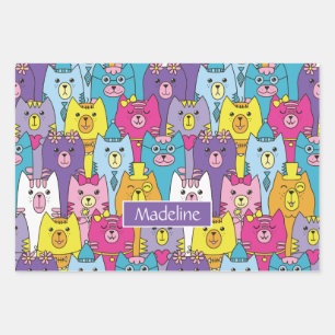 Cute Colorful Cartoon Cats Pattern Personalized Wrapping Paper Sheets