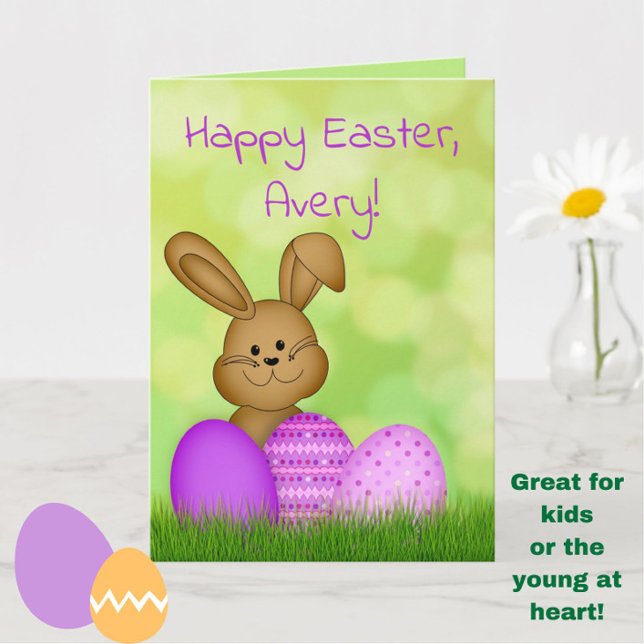 Cute Colorful Cartoon Easter Bunny Kids Card (Personalize with a name for an extra sweet Easter touch!)