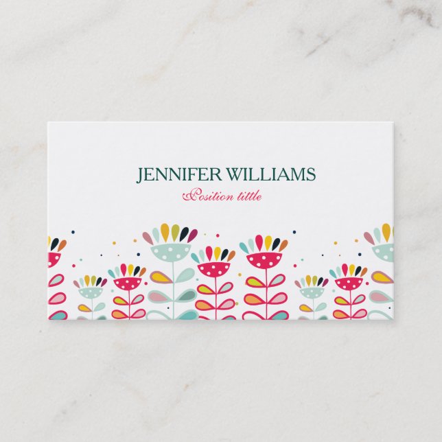 Cute Colorful Cartoon Flowers Business Card (Front)