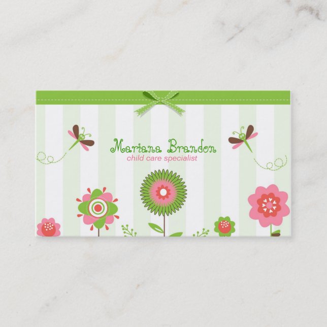 Cute Colorful Cartoon Flowers & Butterfly's Business Card (Front)