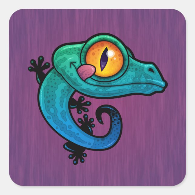 Cute Colorful Cartoon Gecko Square Sticker (Front)