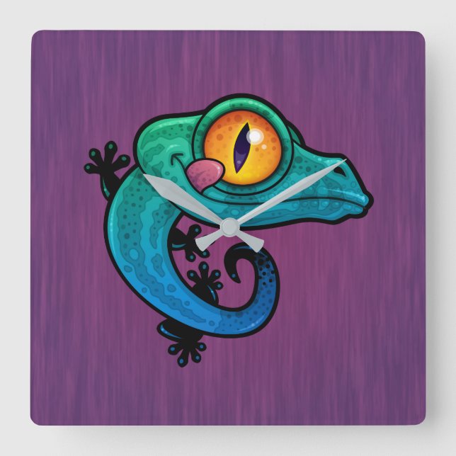 Cute Colorful Cartoon Gecko Square Wall Clock (Front)