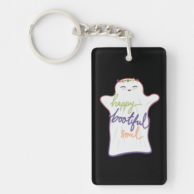 Cute Colorful Cartoon Ghost with Text Keychain (Front)