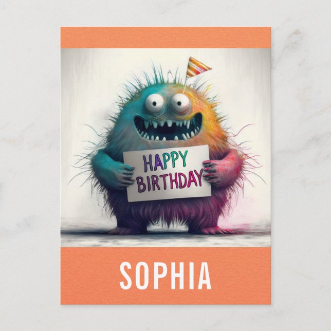 Cute Colorful Cartoon Monster Happy Birthday Postcard (Front)