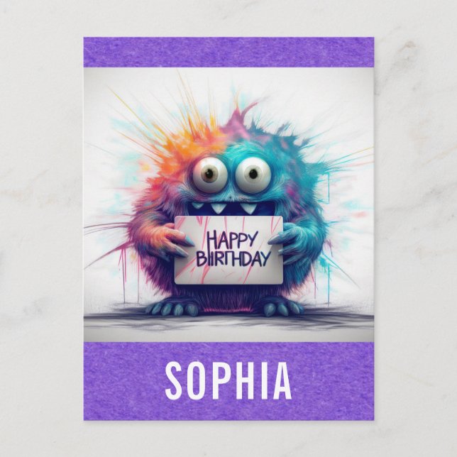 Cute Colorful Cartoon Monster Happy Birthday Postcard (Front)