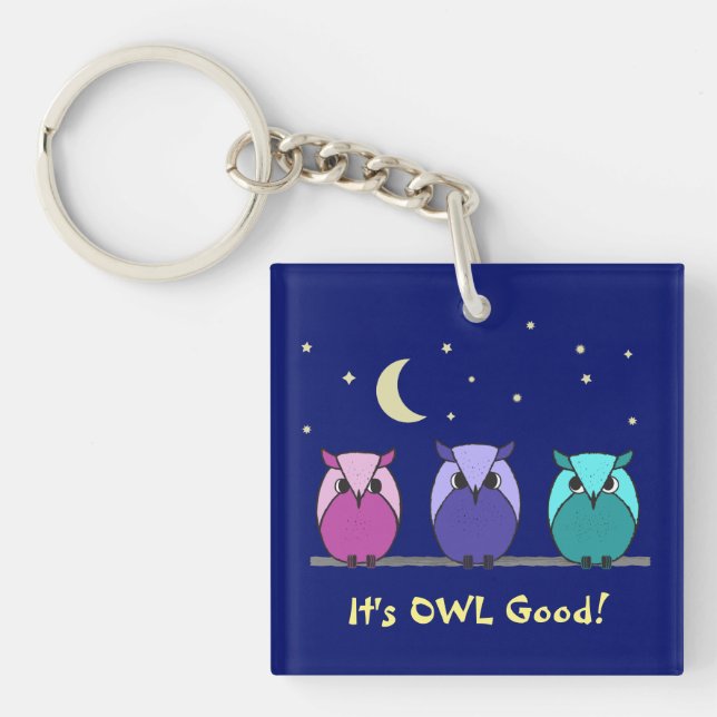 Cute Colorful Cartoon Owls Night Sky Keychain (Front)