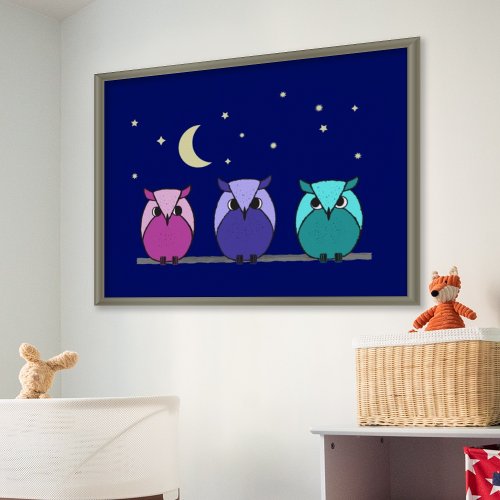 Cute Colorful Cartoon Owls Night Sky Print