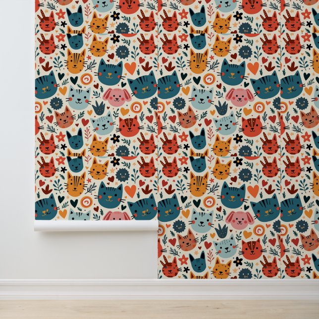 Cute Colorful Cat and Dog Pattern Illustration Wallpaper (Application)