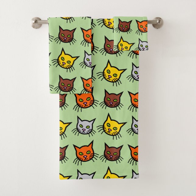 Cute Colorful Cat Face Pattern Bath Towel Set (Insitu)