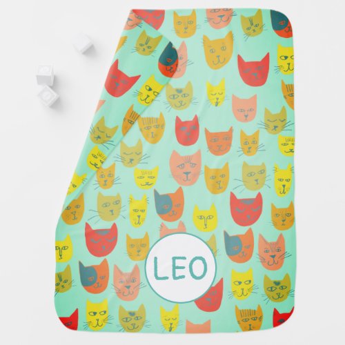 Cute colorful cat heads green monogram cozy baby baby blanket