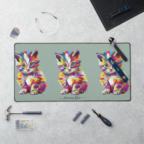 Cute colorful cat illustration on sage green desk mat