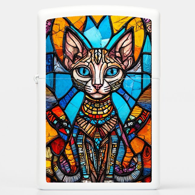 Cute colorful cat stained glass zippo lighter (Front)
