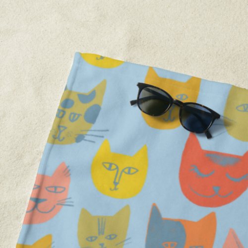 Cute colorful cats blue beach towel