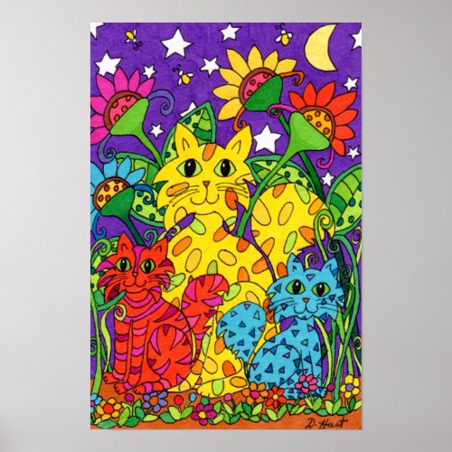 Cute Colorful Cats Garden Flowers Moon Drawing Poster