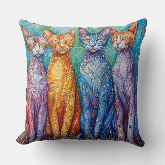 Cute colorful cats painting throw pillow (Front)