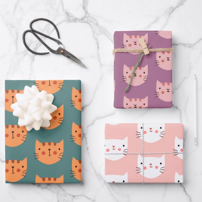 Cute Colorful Cats Pastel Minimal  Wrapping Paper Sheets (Front)