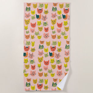 Cute colorful cats pattern on pink beach towel