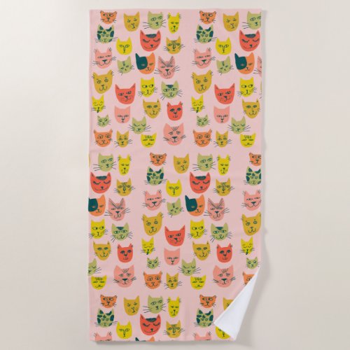 Cute colorful cats pattern on pink beach towel