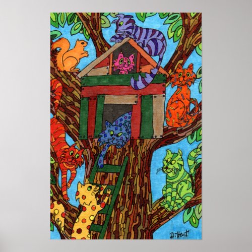 Cute Colorful Cats Tree House Whimsical Cartoon Poster