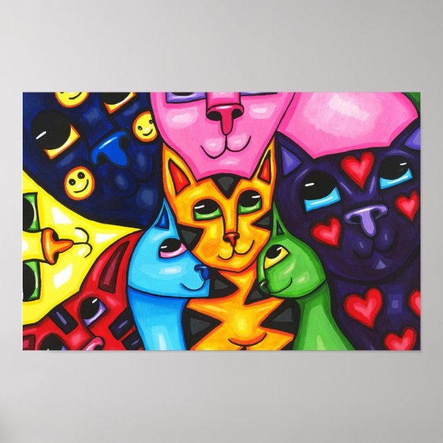 Cute Colorful Cats whimsical Art Original painting Poster (Front)