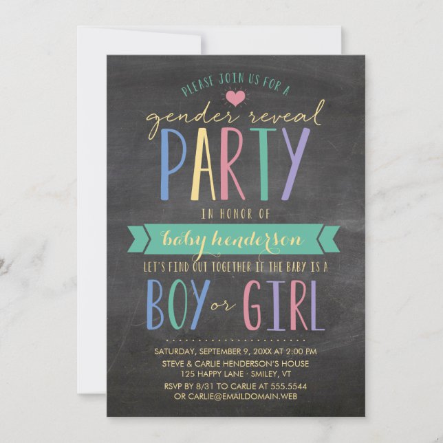 Cute Colorful Chalkboard Gender Reveal Party Invitation (Front)