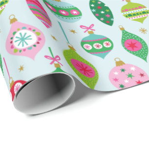 Cute Colorful Christmas Baubles on light blue Wrapping Paper