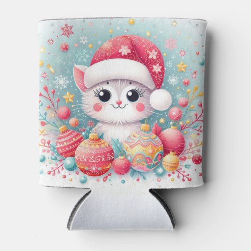 Cute Colorful Christmas cat  Can Cooler