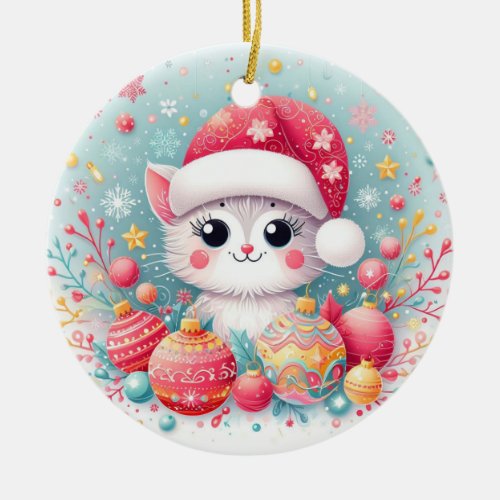 Cute Colorful Christmas cat  Ceramic Ornament