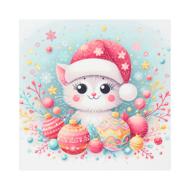 Cute, Colorful Christmas cat  Metal Print (Front)