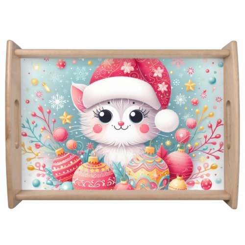 Cute Colorful Christmas cat  Serving Tray