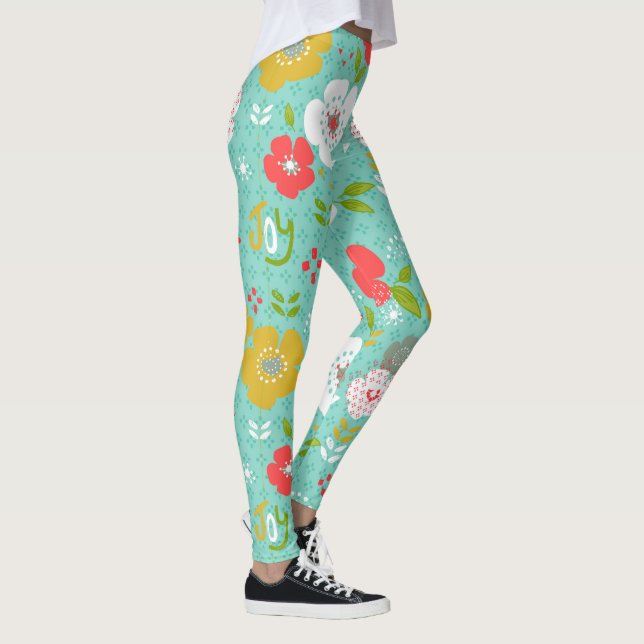Cute Colorful Christmas Flowers & Text Joy Leggings (Right)