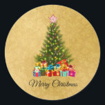 Cute, Colorful Christmas Gifts, Pine Tree, Gold Classic Round Sticker<br><div class="desc">Cute pine tree with colorful Christmas gifts on gold damask background,   with text... Merry Christmas...  You can easily personalize with your choice of text.</div>