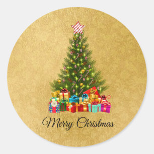 Cute, Colorful Christmas Gifts, Pine Tree, Gold Classic Round Sticker
