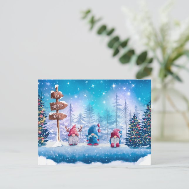 Cute Colorful Christmas Gnomes Holiday Postcard (Standing Front)