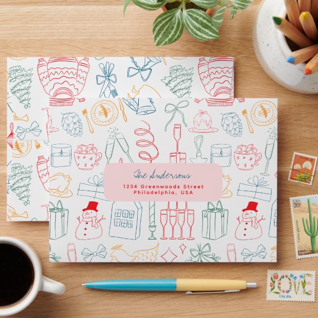 Cute Colorful Christmas Hand drawn Doodle Envelope (Desk)