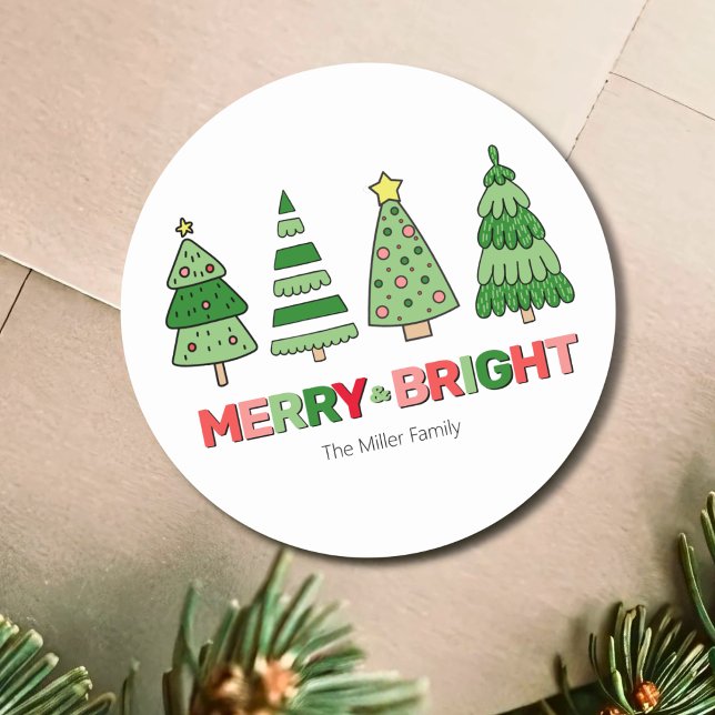 Cute Colorful Christmas Merry And Bright Classic Round Sticker (Cute Colorful Christmas Merry And Bright Classic Round Sticker)