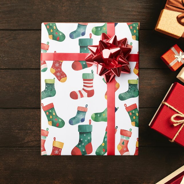 Cute Colorful Christmas Socks Stockings Watercolor Wrapping Paper (Creator Uploaded)